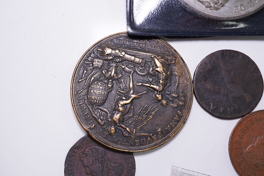 British and World medals to include - a Humane Society of Massachusetts bronze medal, 19th century, unnamed, a Duke of Wellington Battle of Waterloo commemorative white metal medal, a death of Emperor Napoleon white meta